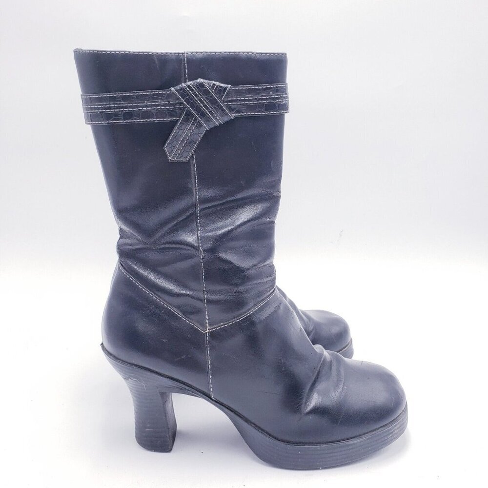 90s Y2K Xhilaration Chunky Mid-Calf Boots Black Faux Leather‎ Womens 8.5